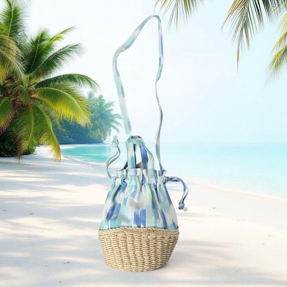 Aerie Blue Straw Bottom Bucket Bag Drawstring Shoulder Purse OS Beachy Travel